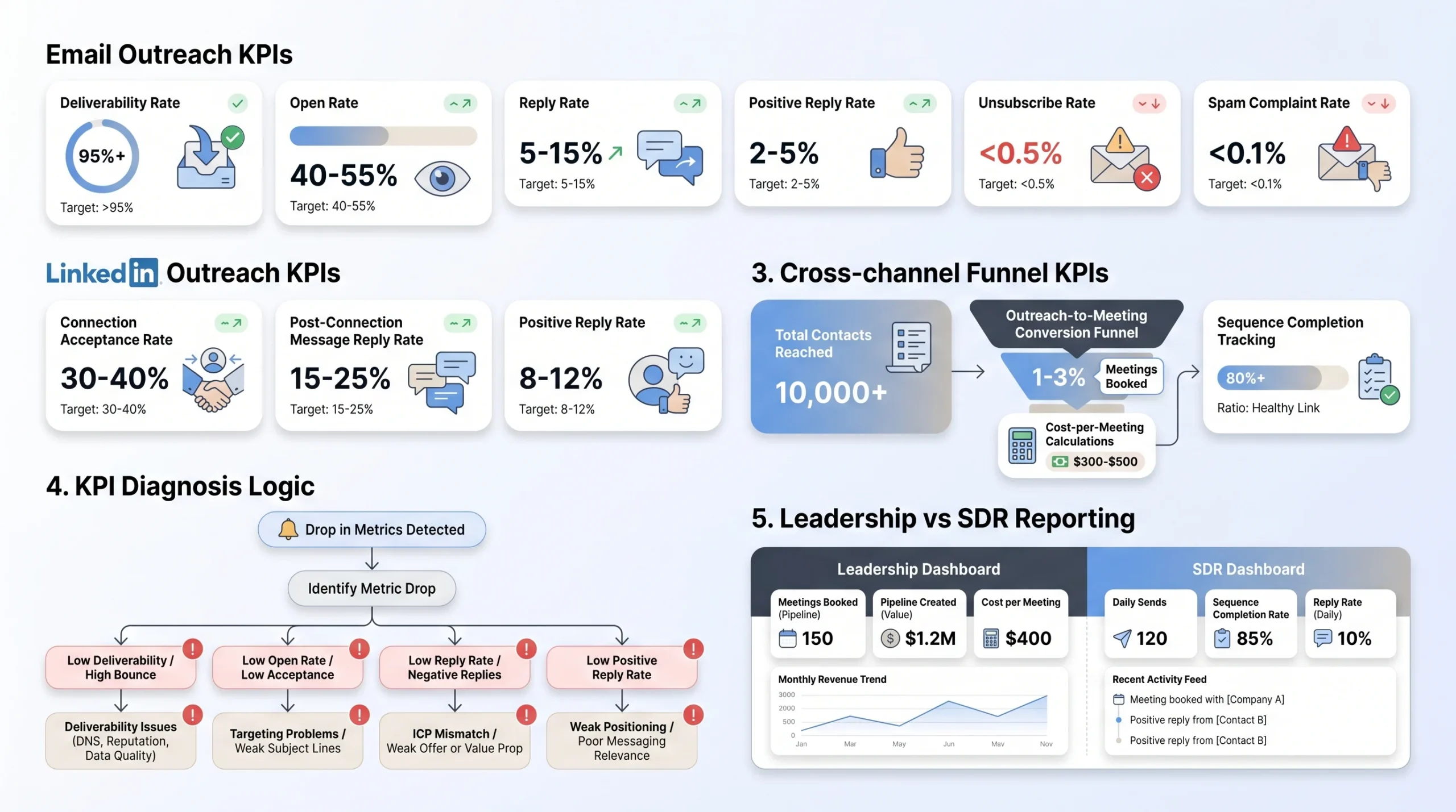 The Core Cold Outreach KPI Stack (With Channel-Specific Benchmarks)